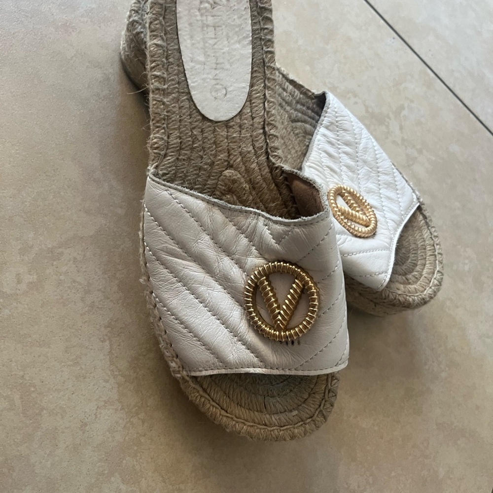 White Espadrille Slides with Gold Accent